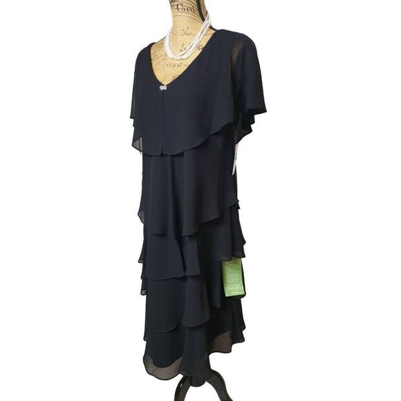 Women's Black Layered Chiffon Dress Jewel Detail Ruffle Stretch Size 16 NWT - Picture 5 of 9